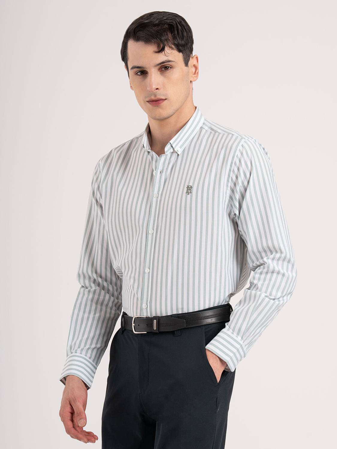 RED TAPE Men Striped Light Green, White Shirt - Image 3