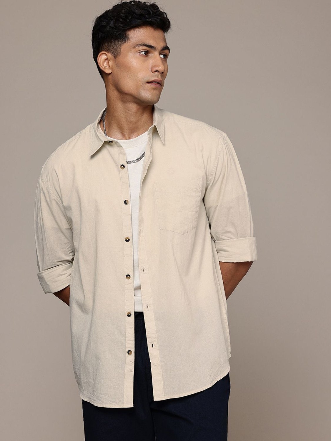 Image of Roadster Men Solid Casual Beige Shirt