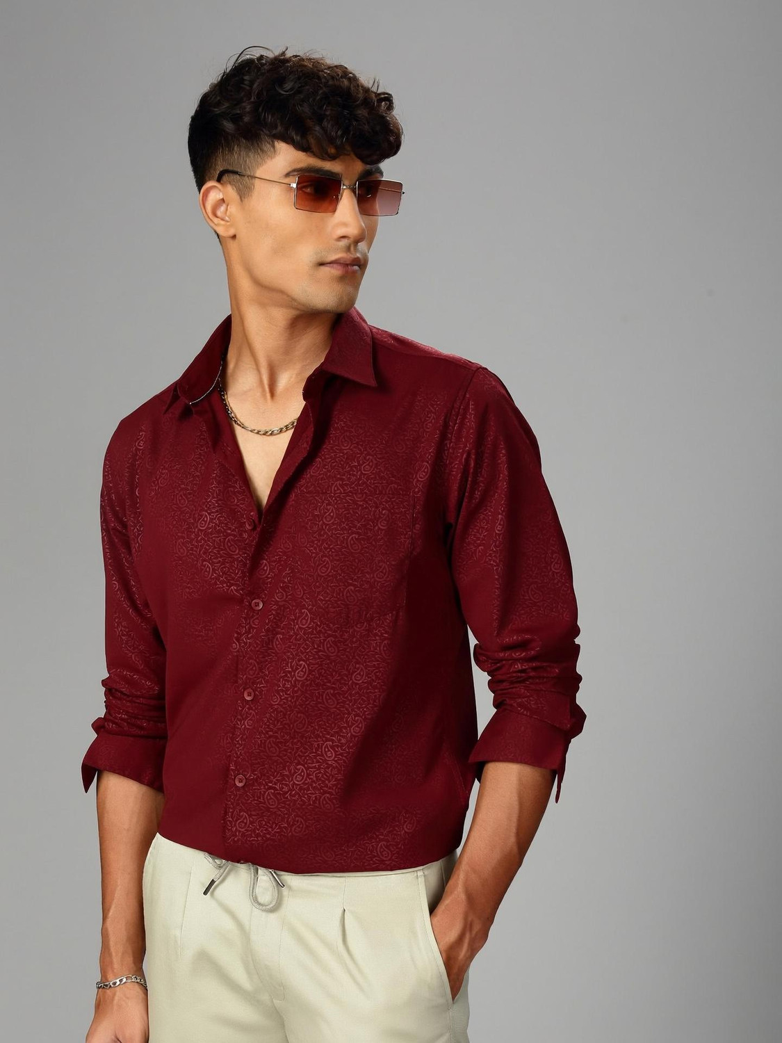 Image of British Club Men Floral Print Casual Maroon Shirt