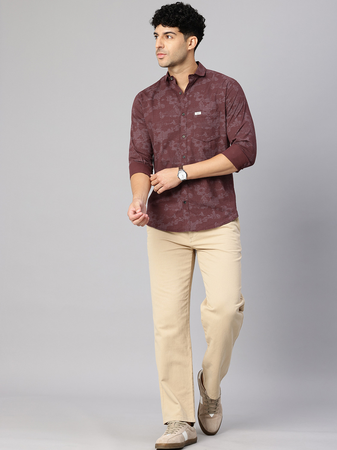 Image of Majestic Man Men Printed, Checkered Casual Maroon Shirt