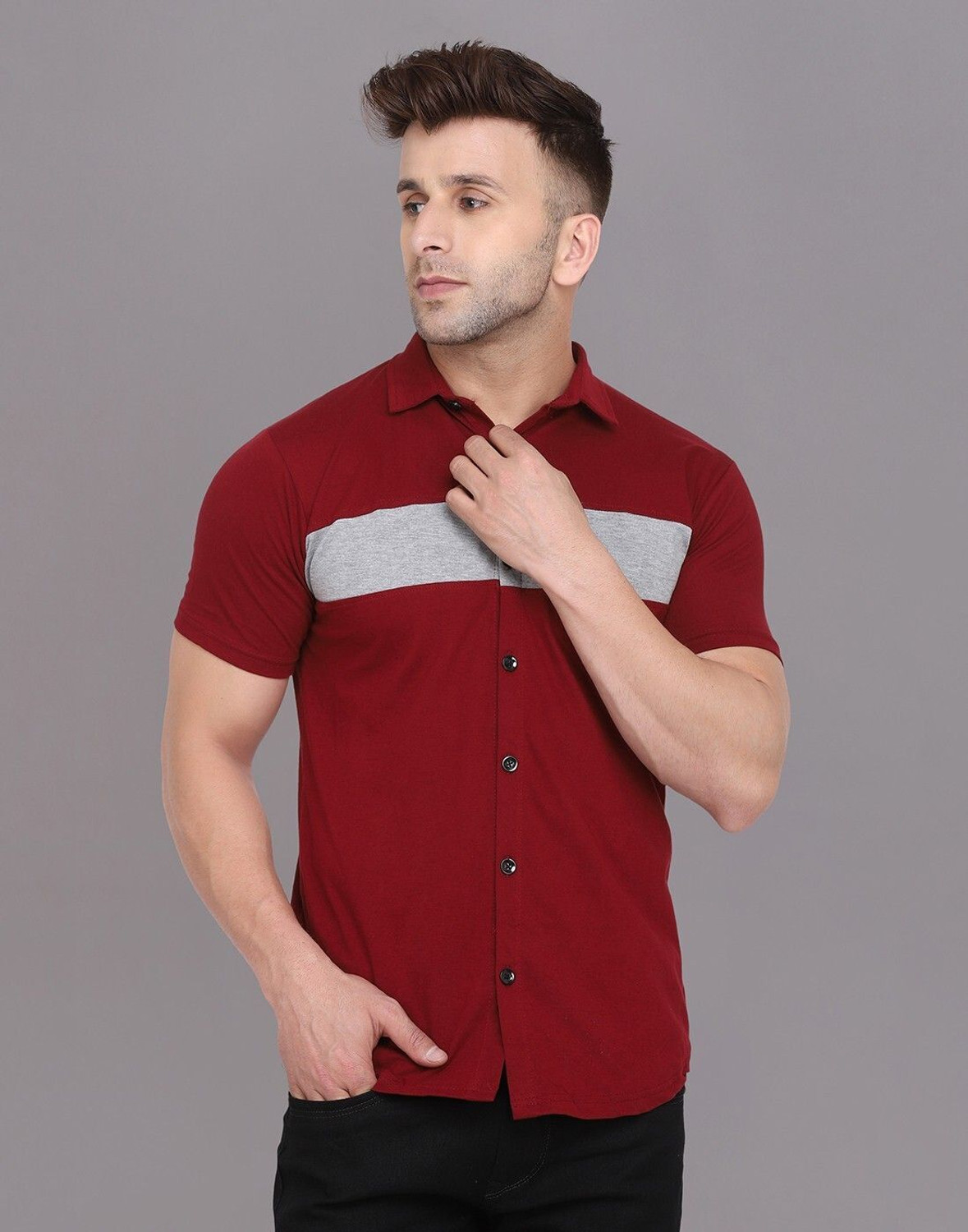 Image of GEUM Men Solid Casual Maroon Shirt