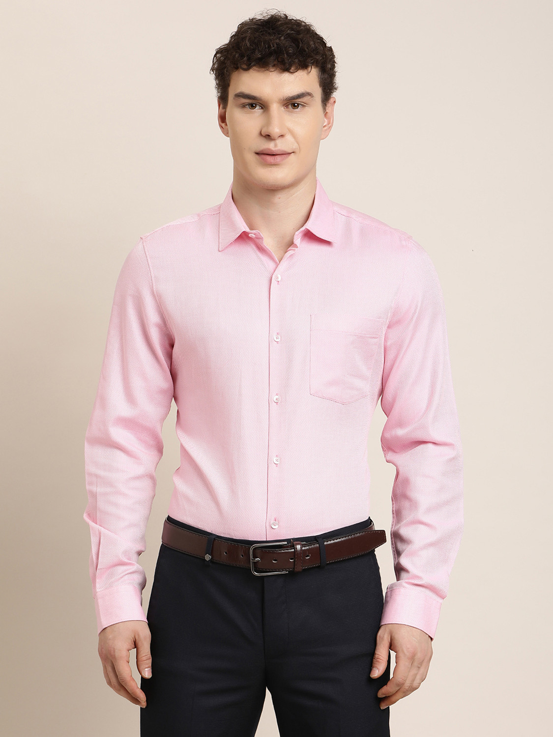 Image of TURTLE Men Self Design Formal Pink Shirt