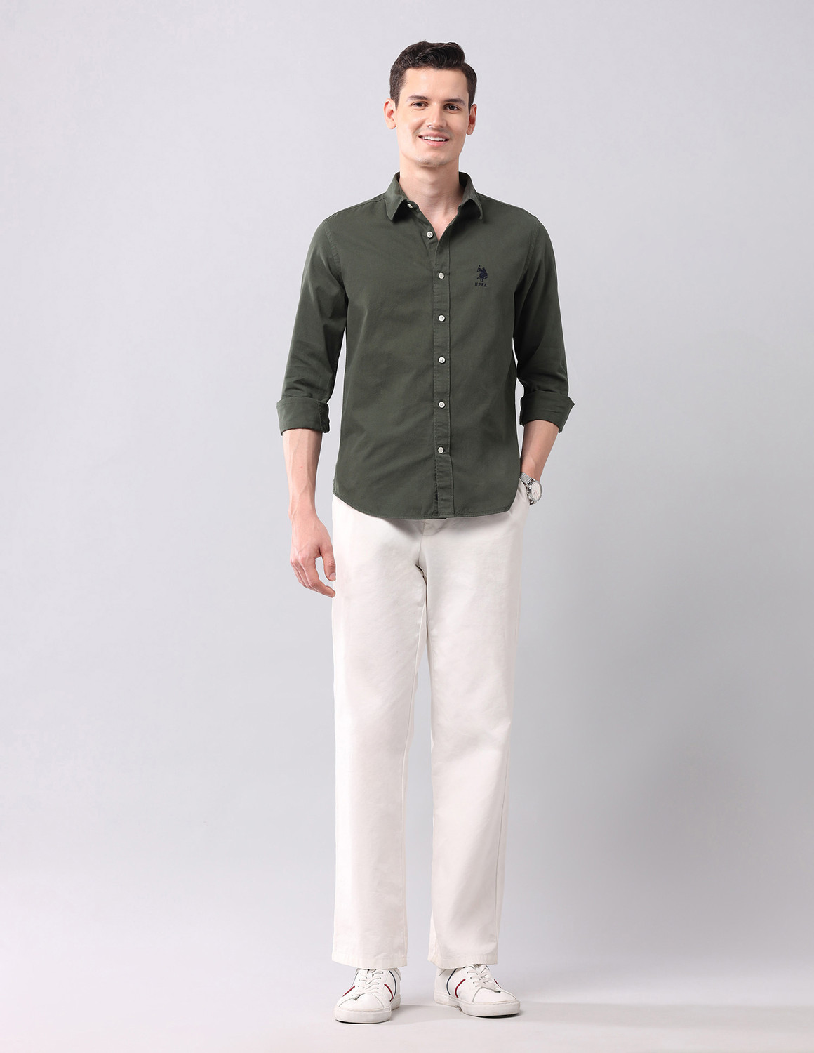 Image of U.S. POLO ASSN. Men Solid Casual Green Shirt