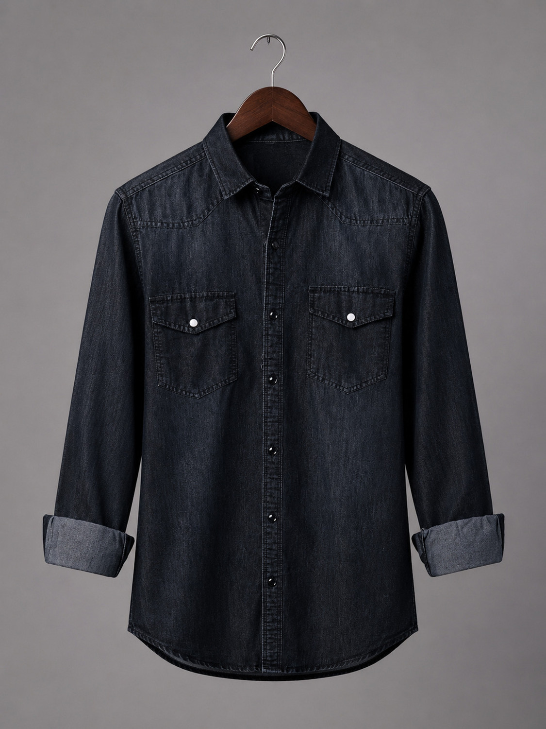 Image of GRAND STITCH Men Solid Casual Black Shirt