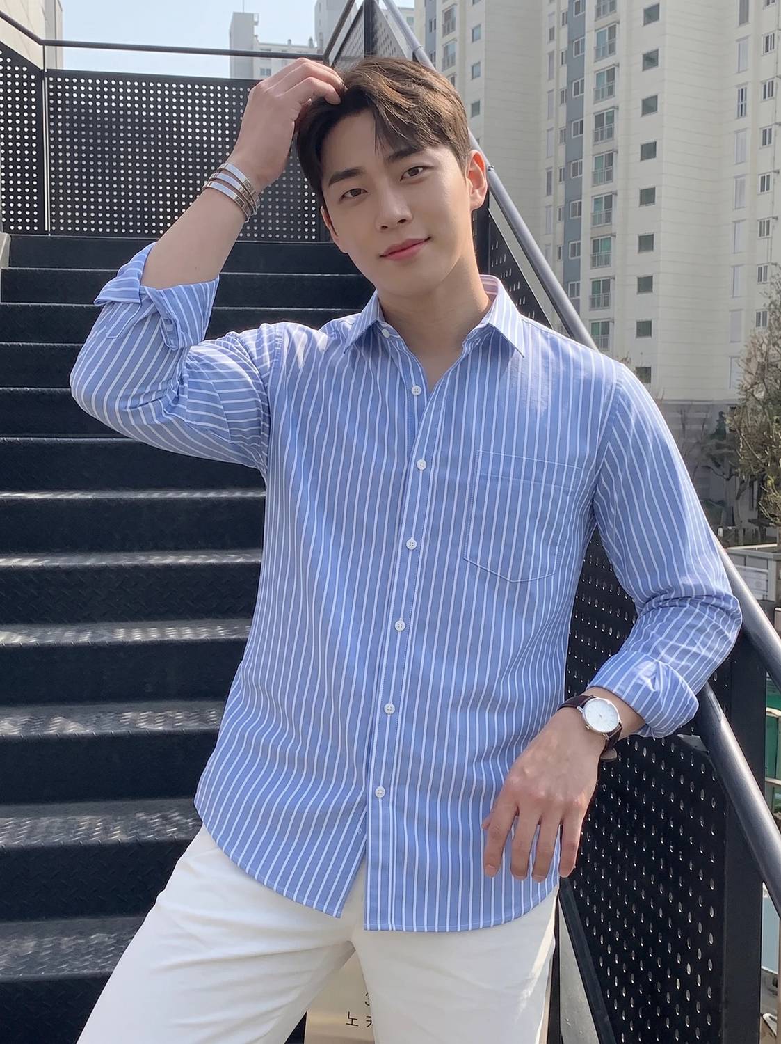 DMSF Men Striped Casual Blue, White Shirt - Image 3