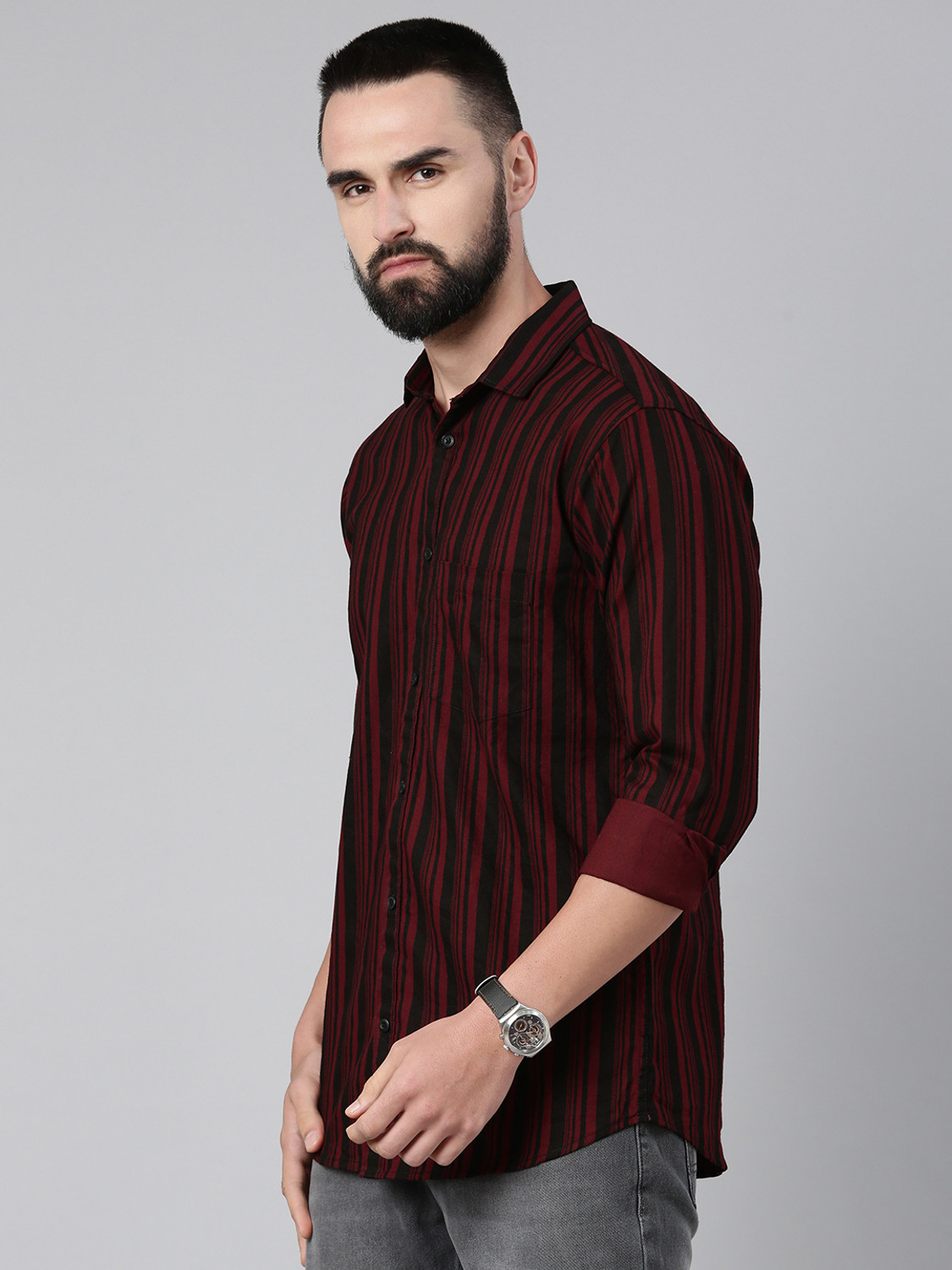 Image of Majestic Man Men Striped Casual Maroon Shirt