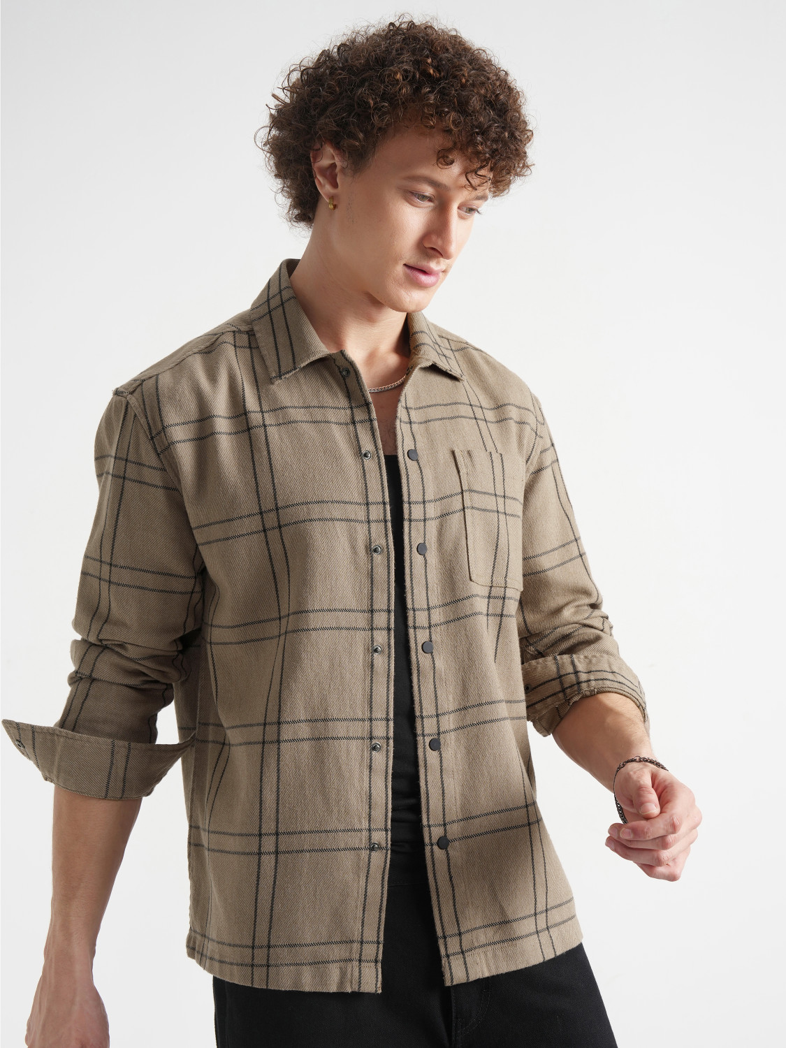 Image of HIGHLANDER Men Checkered Casual Khaki Shirt
