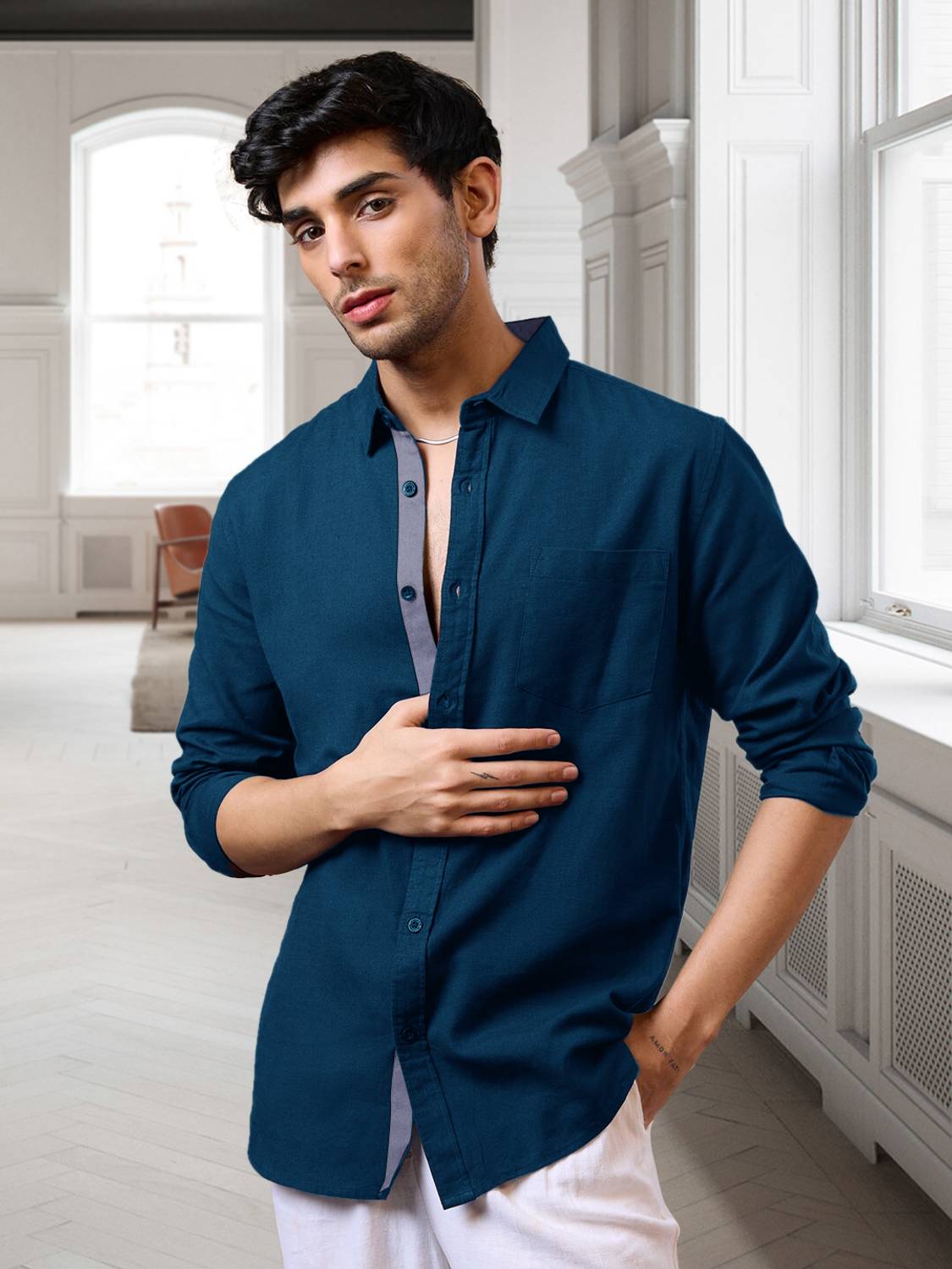 7Threads Men Solid Formal Blue Shirt