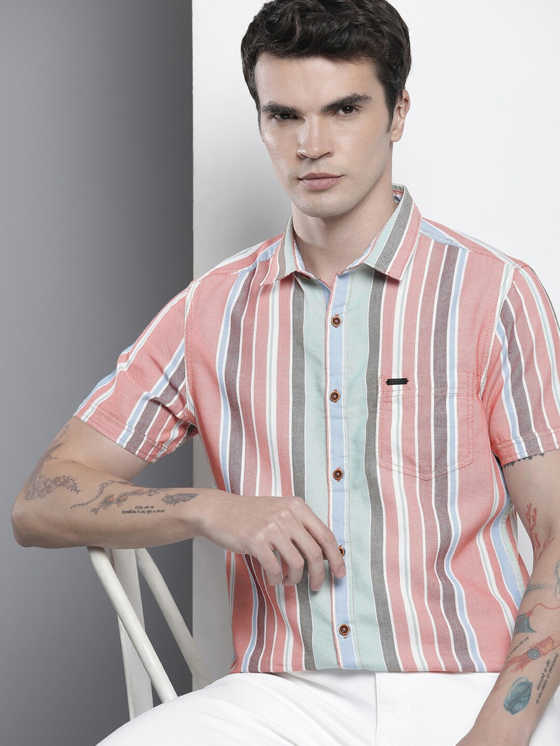 Image of The Indian Garage Co. Men Striped Casual Pink Shirt