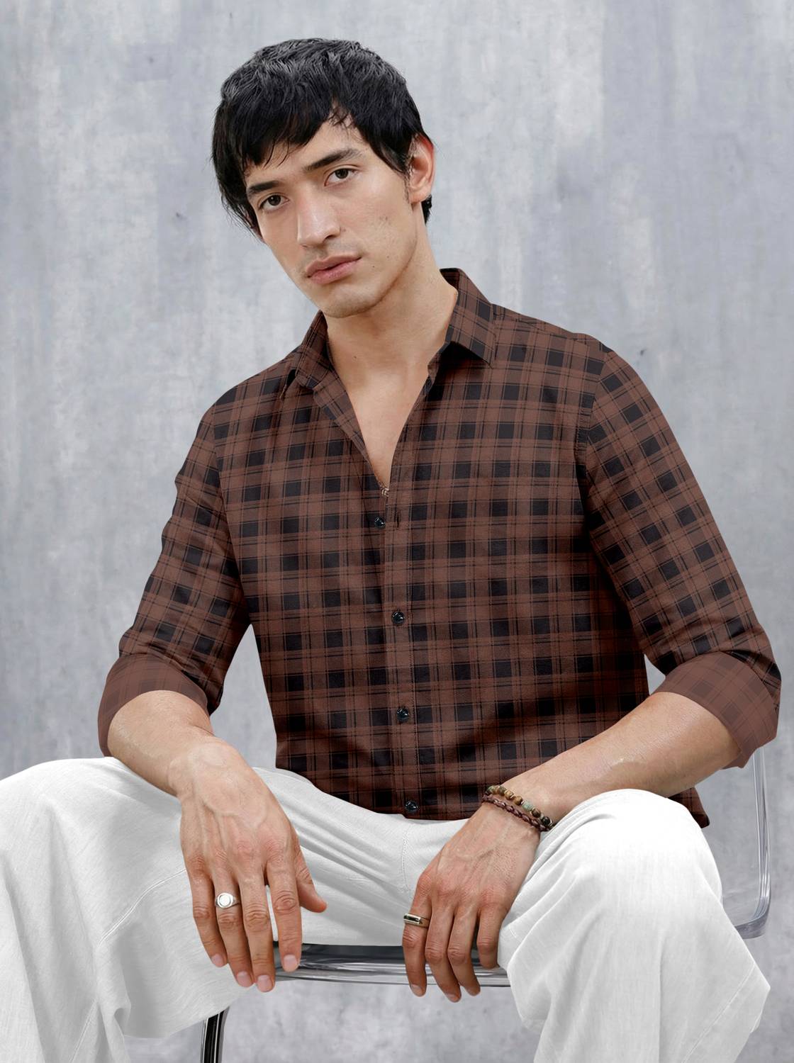 SZN Men Checkered Casual Brown Shirt - Image 3