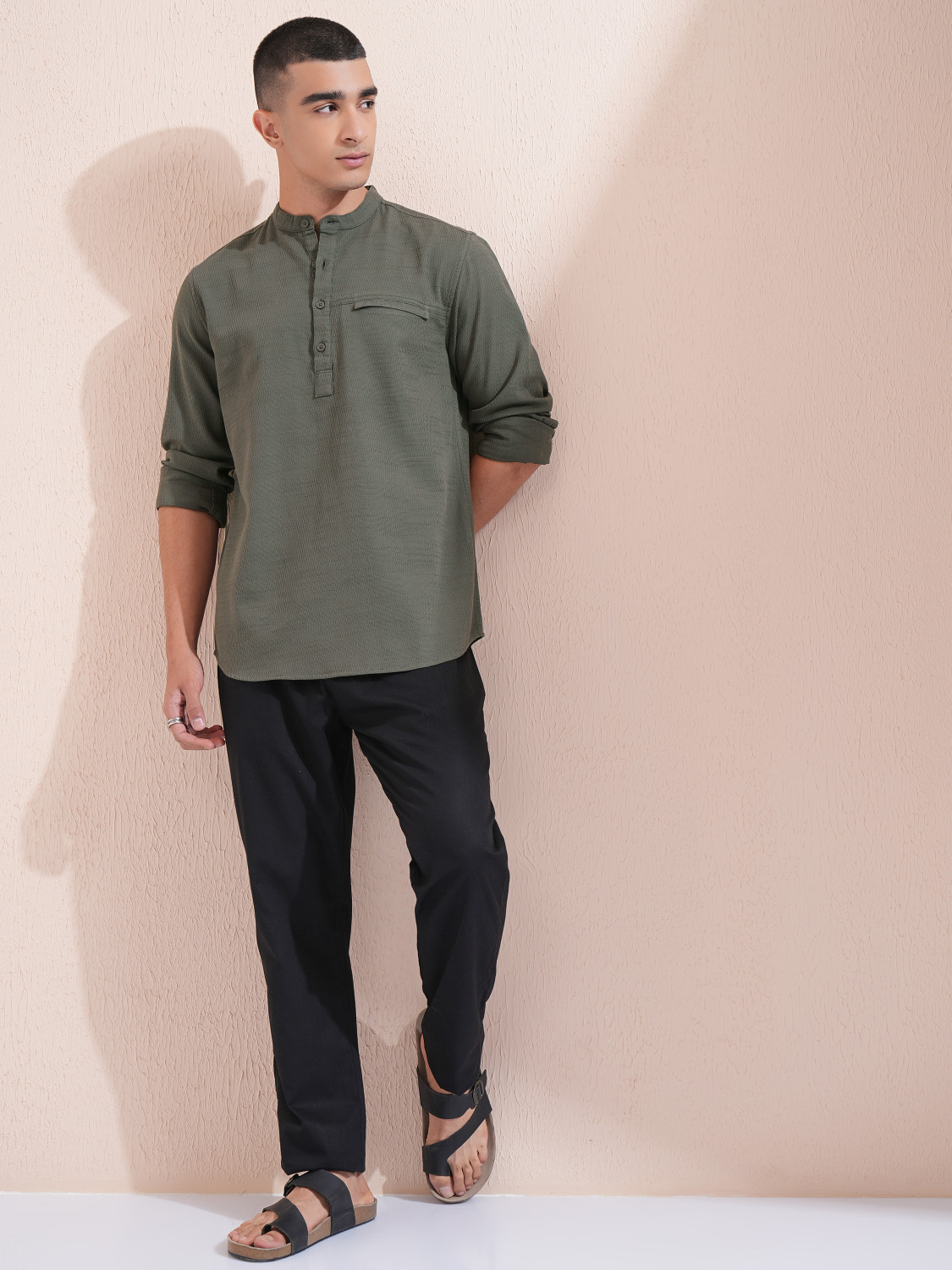 Image of HIGHLANDER Men Self Design Casual Green Shirt