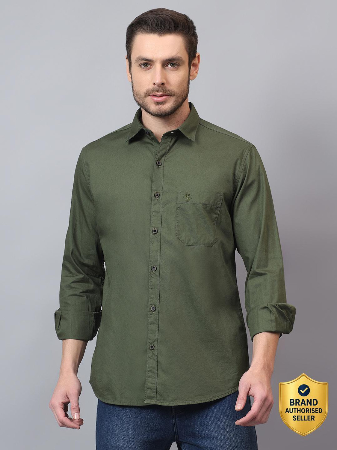 Image of CANTABIL Men Solid Casual Green Shirt