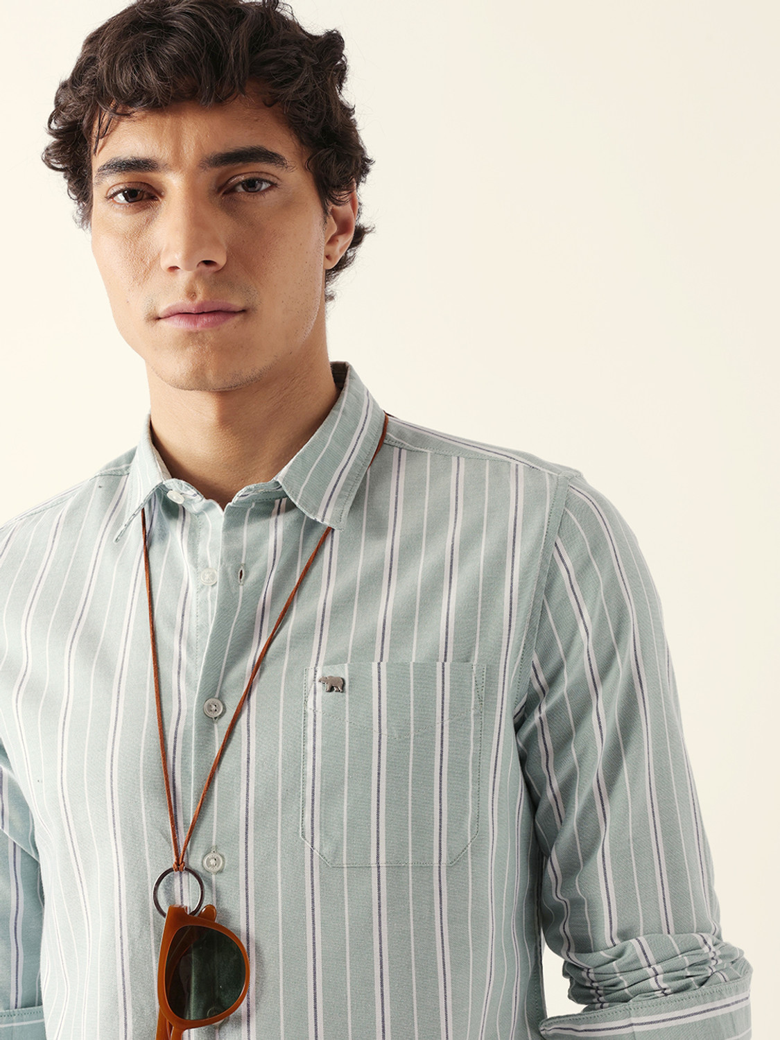 Image of THE BEAR HOUSE Men Striped Casual Light Green Shirt