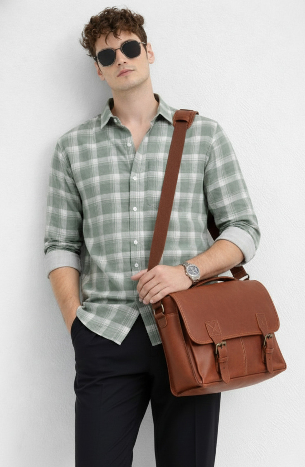 Image of OTUS Men Checkered Casual Green Shirt