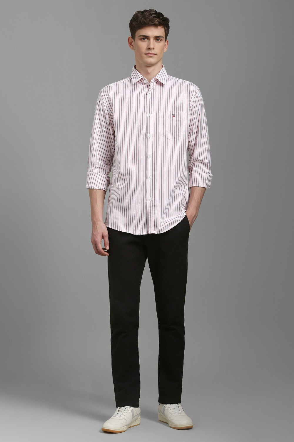 Image of Louis Philippe Sport Men Striped Casual White, Red Shirt