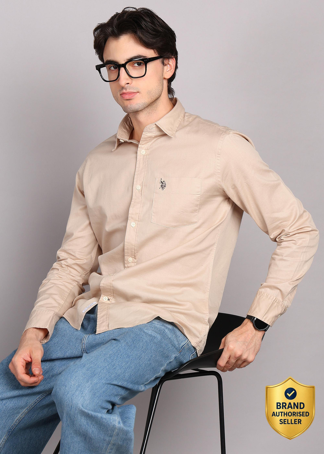 Image of U.S. POLO ASSN. Men Solid Casual Beige Shirt