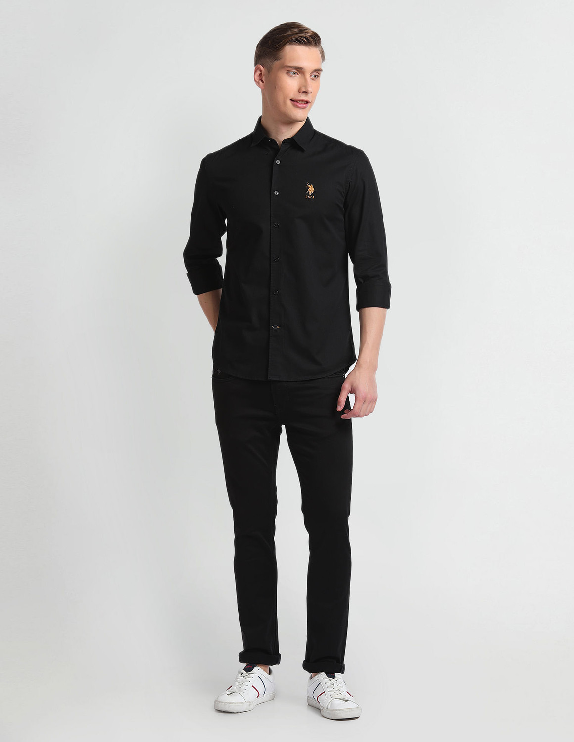 Image of U.S. POLO ASSN. Men Solid Casual Black Shirt