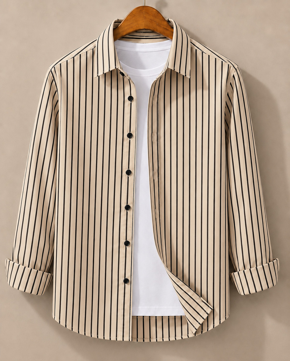 Image of JACKBELLA Men Striped Casual Beige Shirt