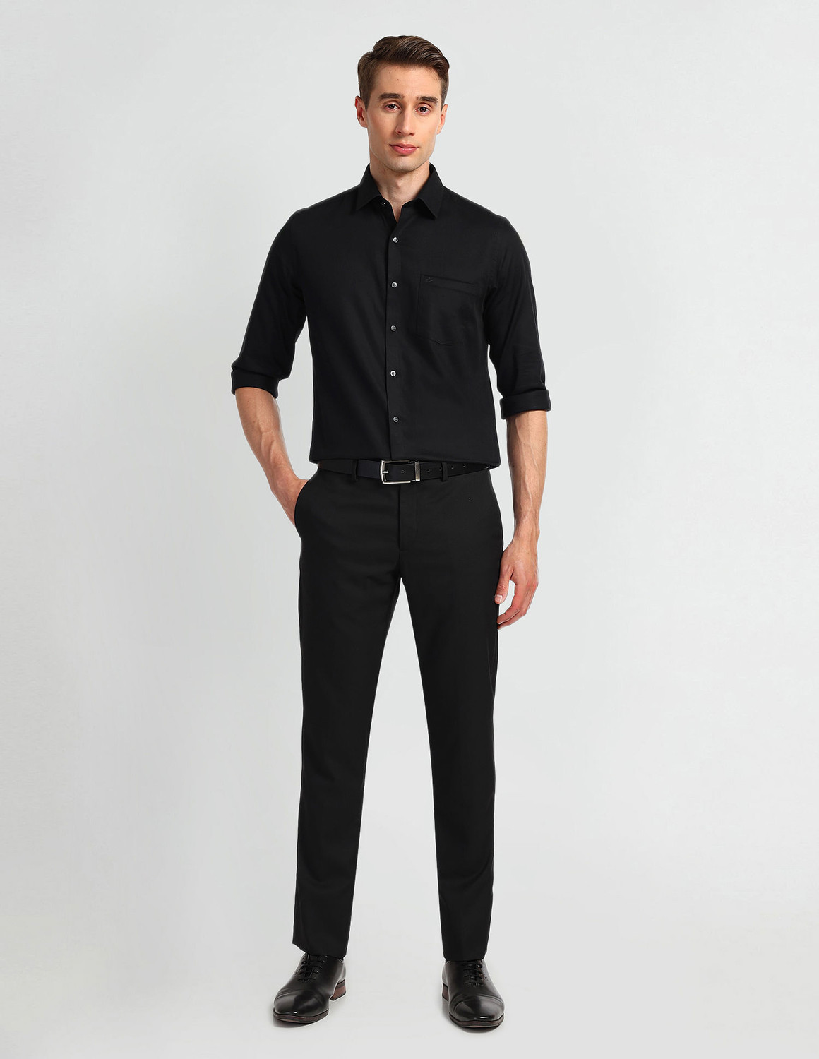 Image of ARROW Men Self Design Formal Black Shirt