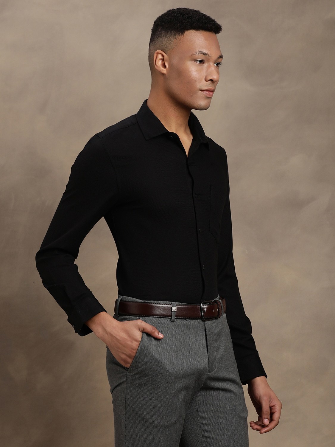 Image of TURTLE Men Self Design Formal Black Shirt