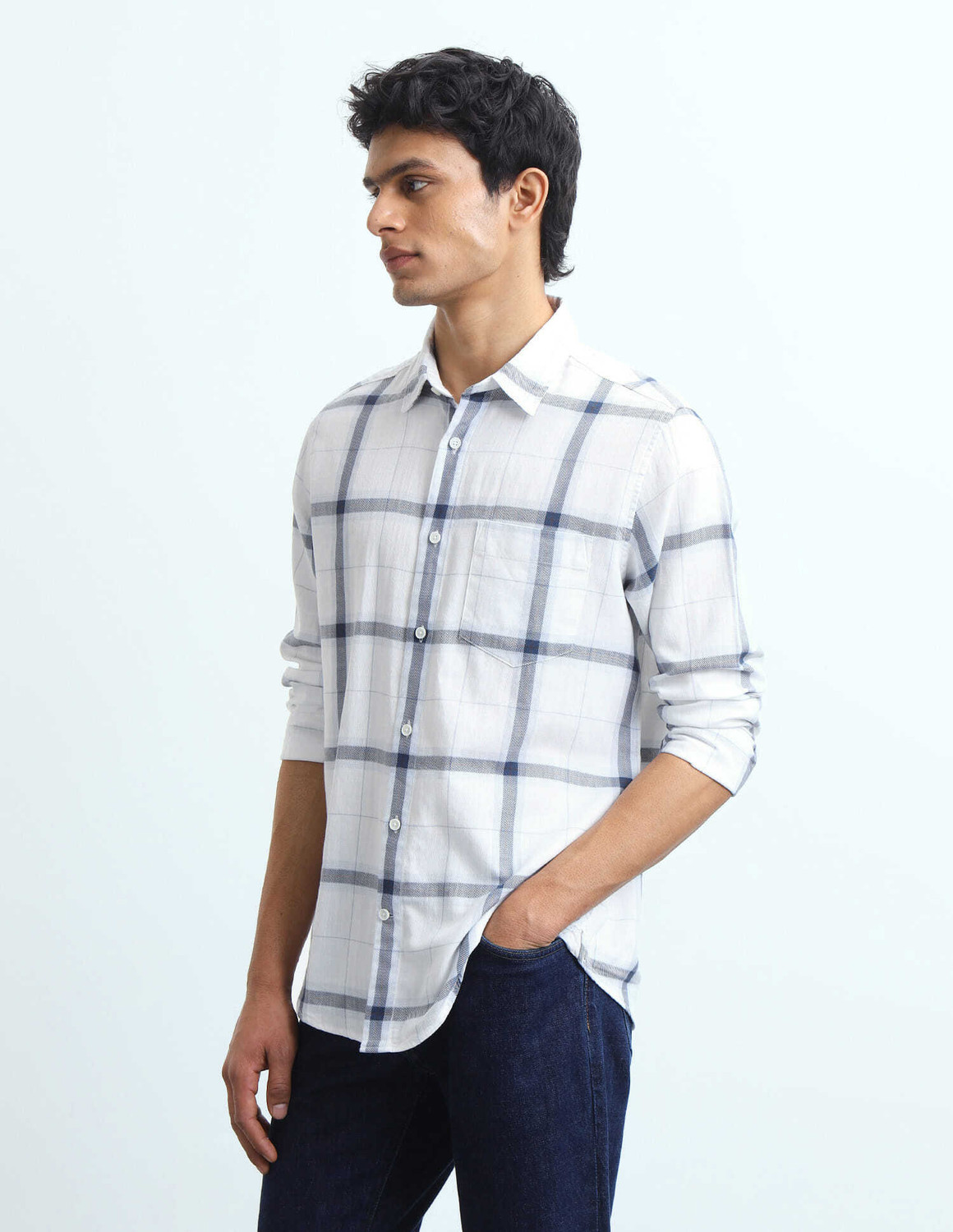 Image of FLYING MACHINE Men Checkered Casual White Shirt