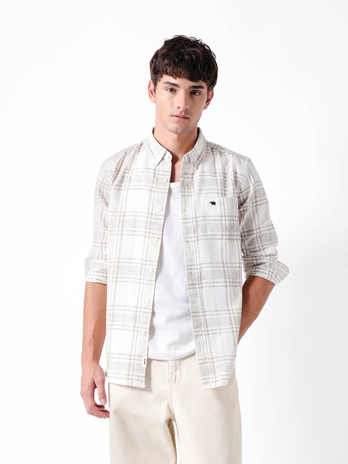 THE BEAR HOUSE Men Checkered Casual Beige Shirt