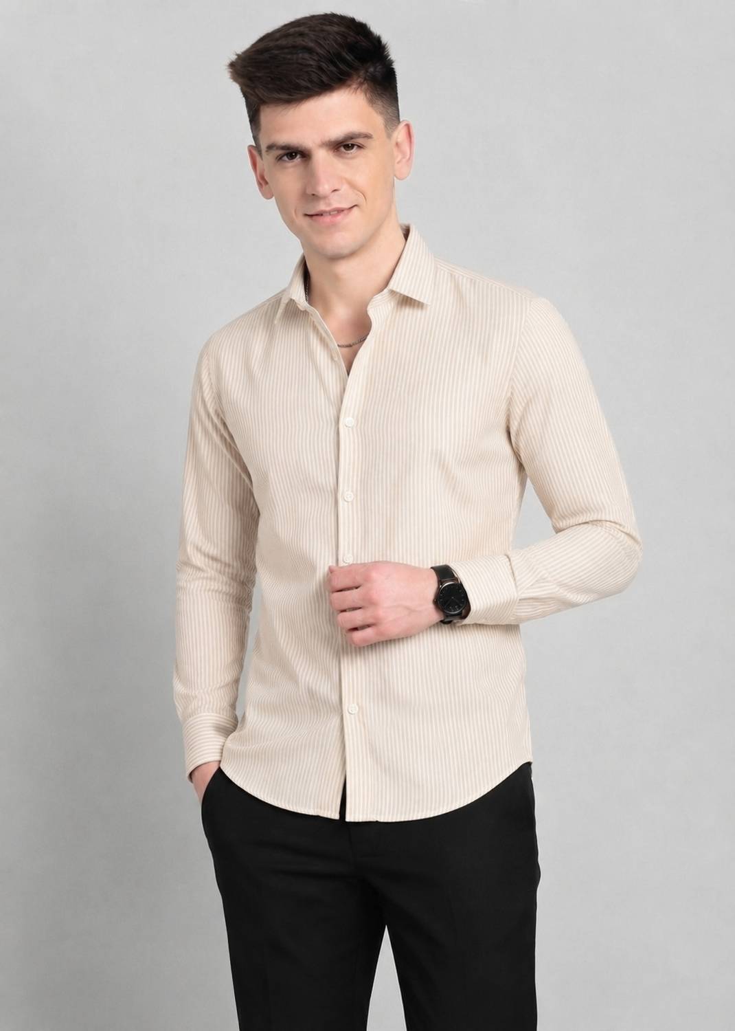 COMBRAIDED Men Striped Casual Beige Shirt - Image 4