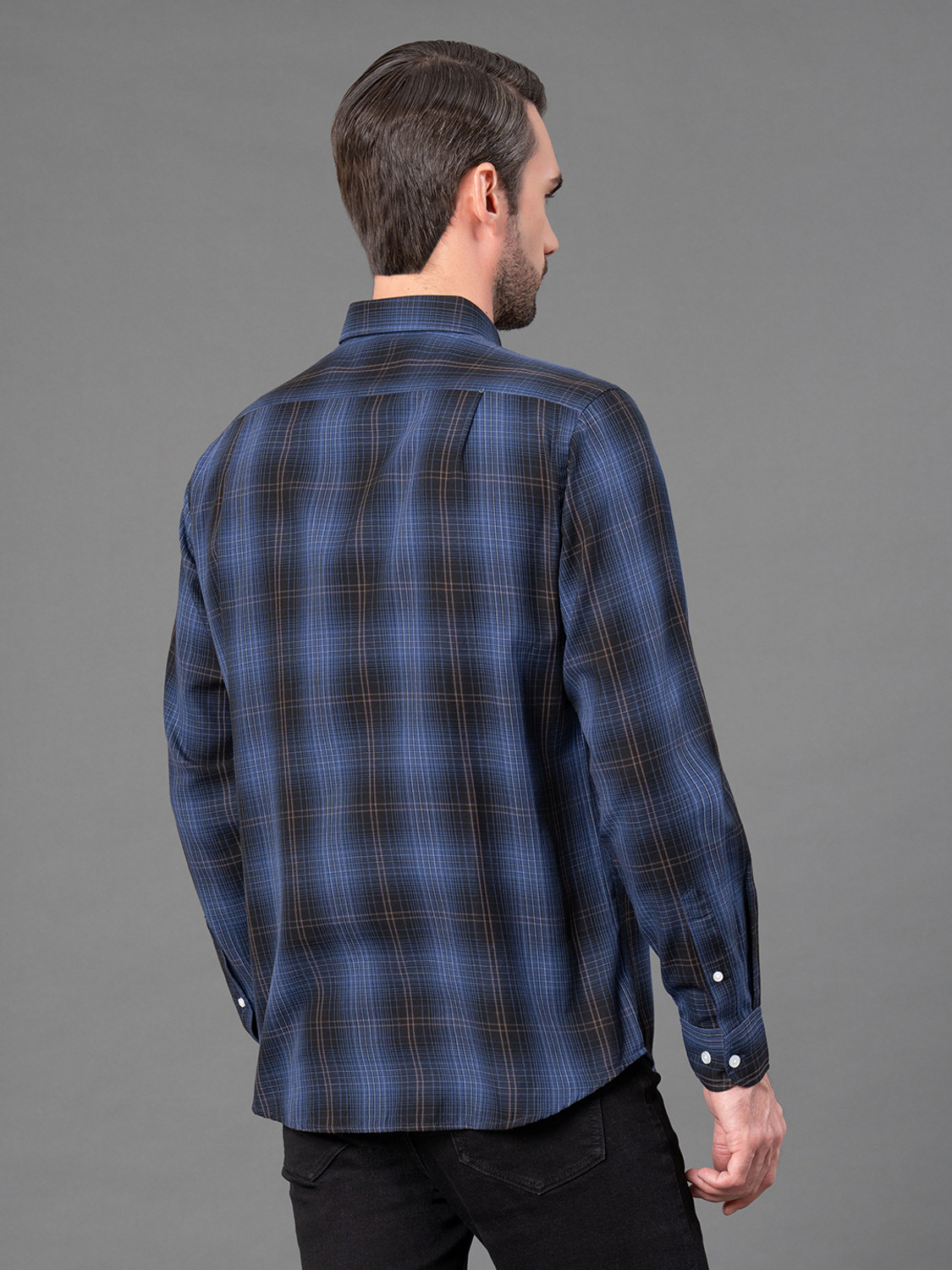 Image of RED TAPE Men Checkered Casual Dark Blue Shirt
