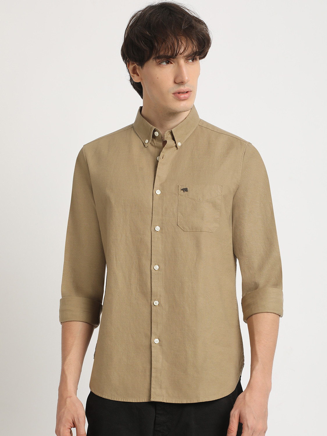 Image of THE BEAR HOUSE Men Solid Casual Beige Shirt