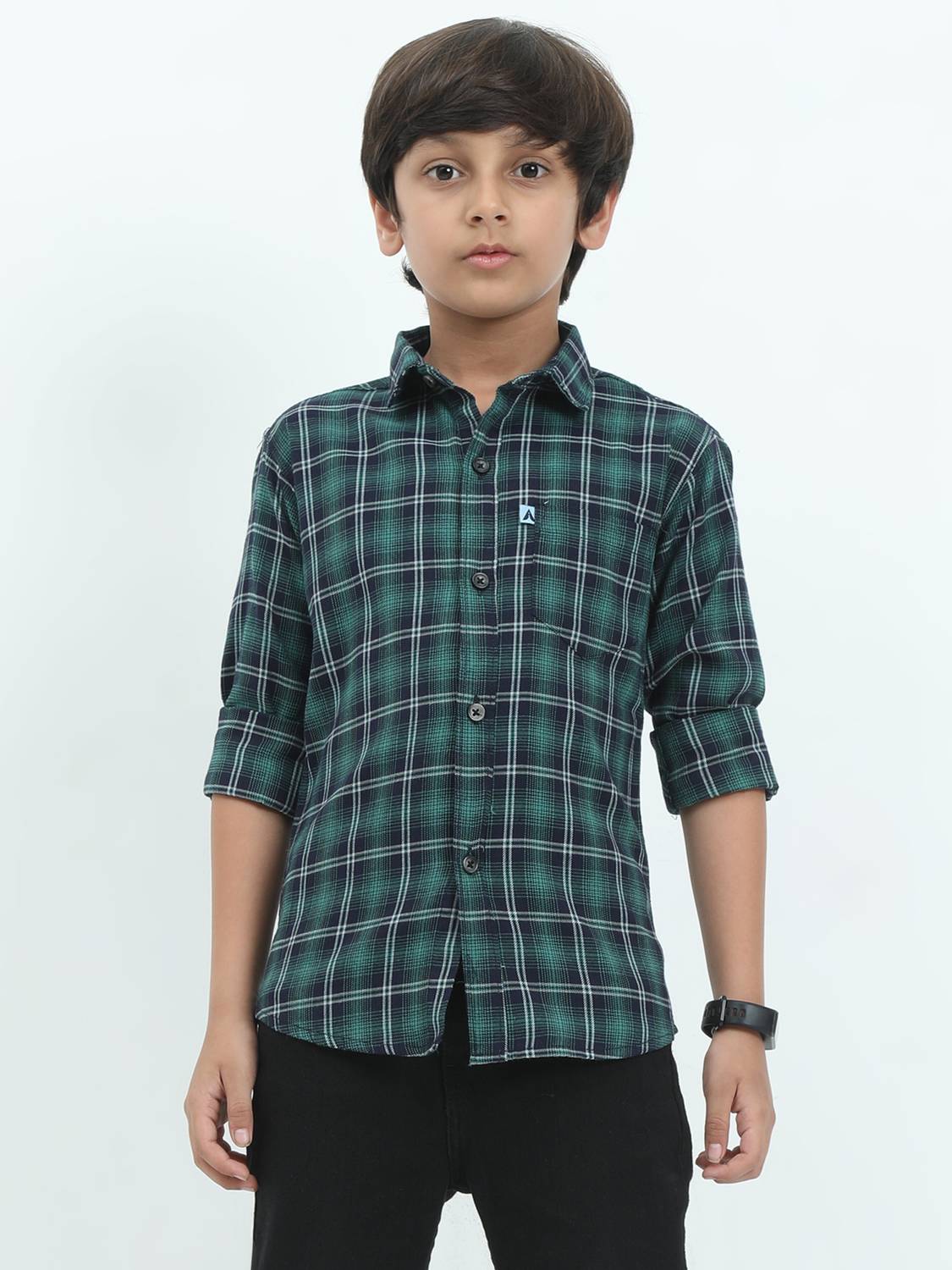 ALLWIN PAUL Boys Checkered Casual Green Shirt