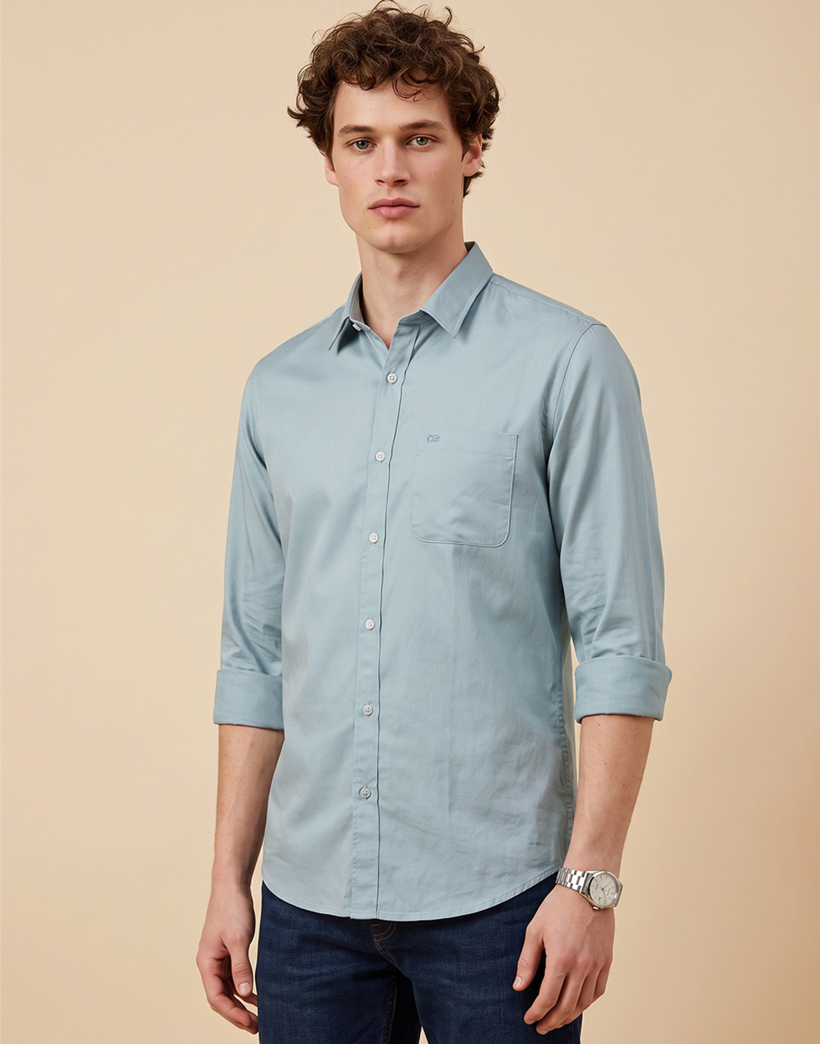 Image of PETER ENGLAND Men Solid Casual Blue Shirt