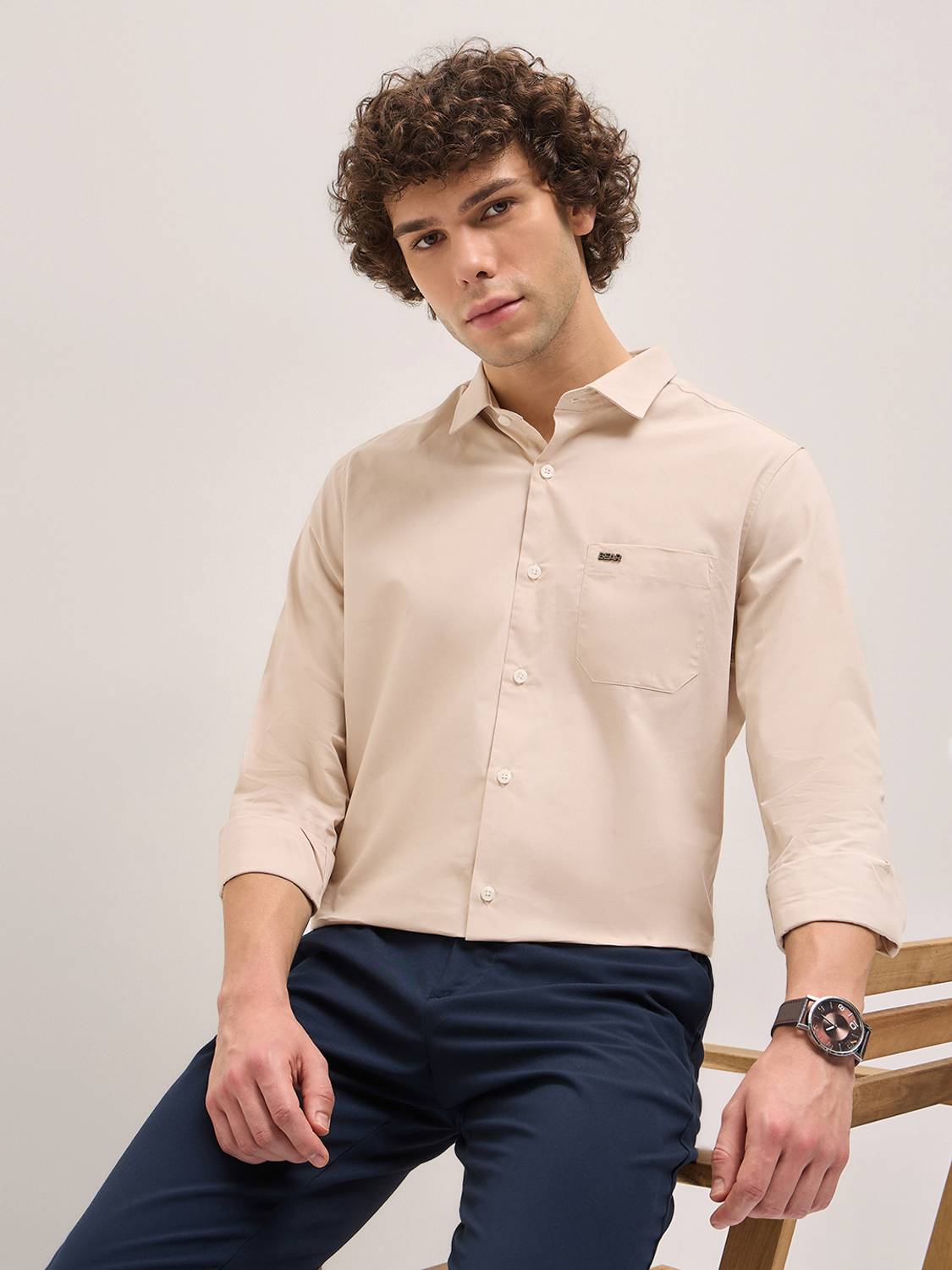 THE BEAR HOUSE Men Solid Formal Beige Shirt
