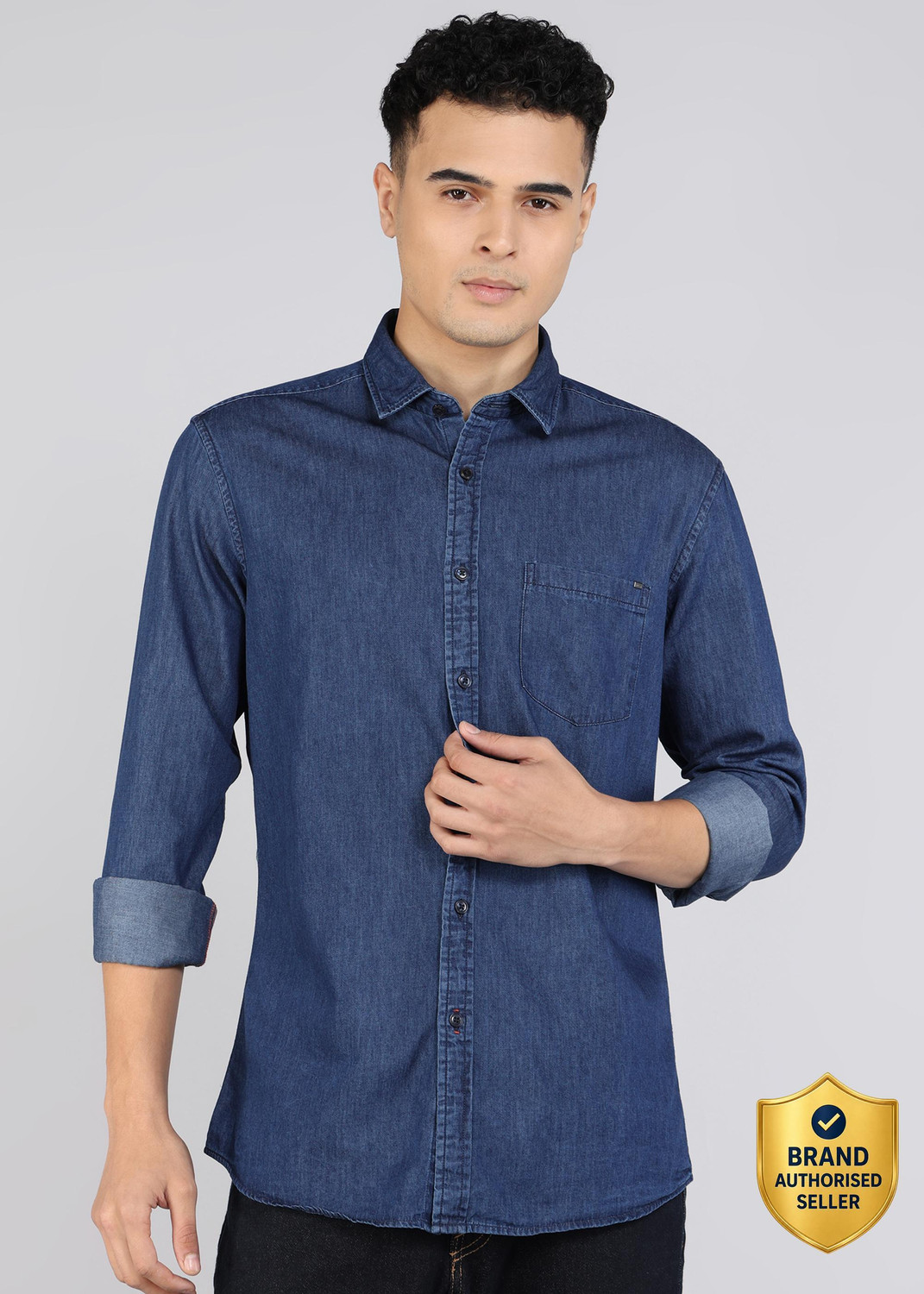Image of KILLER Men Solid Casual Dark Blue Shirt