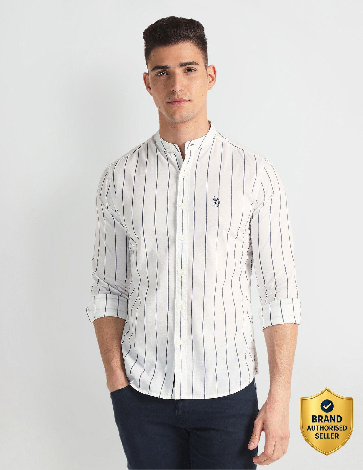 Image of U.S. POLO ASSN. Men Striped Casual White, Black Shirt
