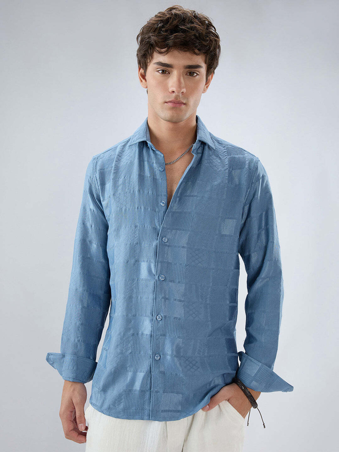 Image of VASTRADO Men Self Design Casual Blue Shirt
