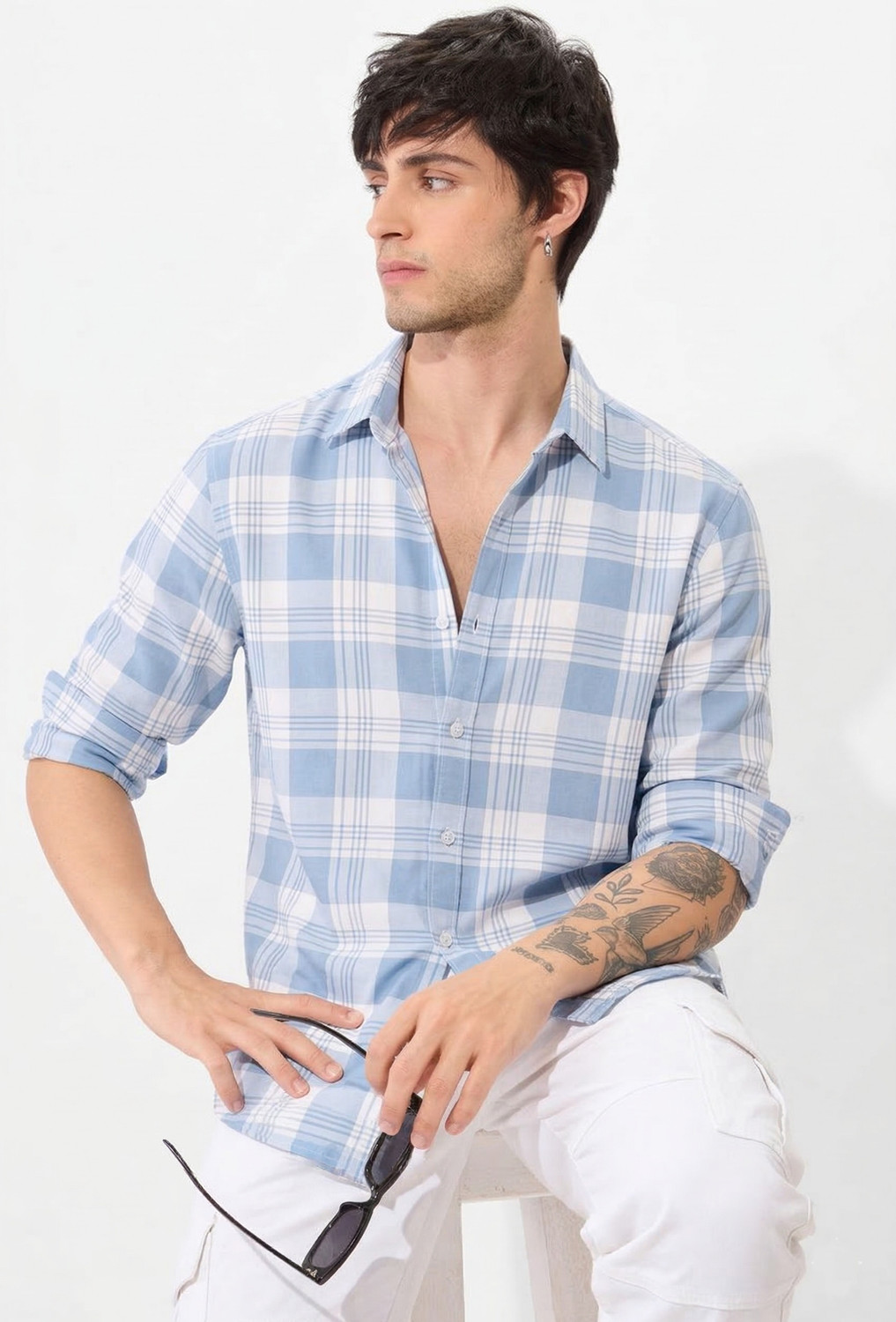 Image of DJFOX Men Checkered Casual Light Blue Shirt