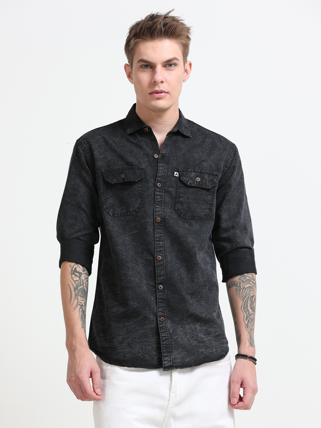 Image of AIDAN PAUL Men Washed Casual Black Shirt