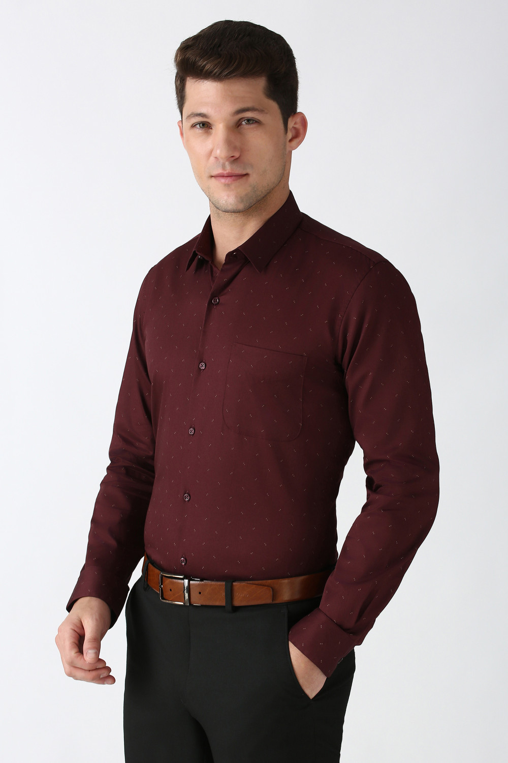 Image of PETER ENGLAND Men Printed Formal Maroon Shirt