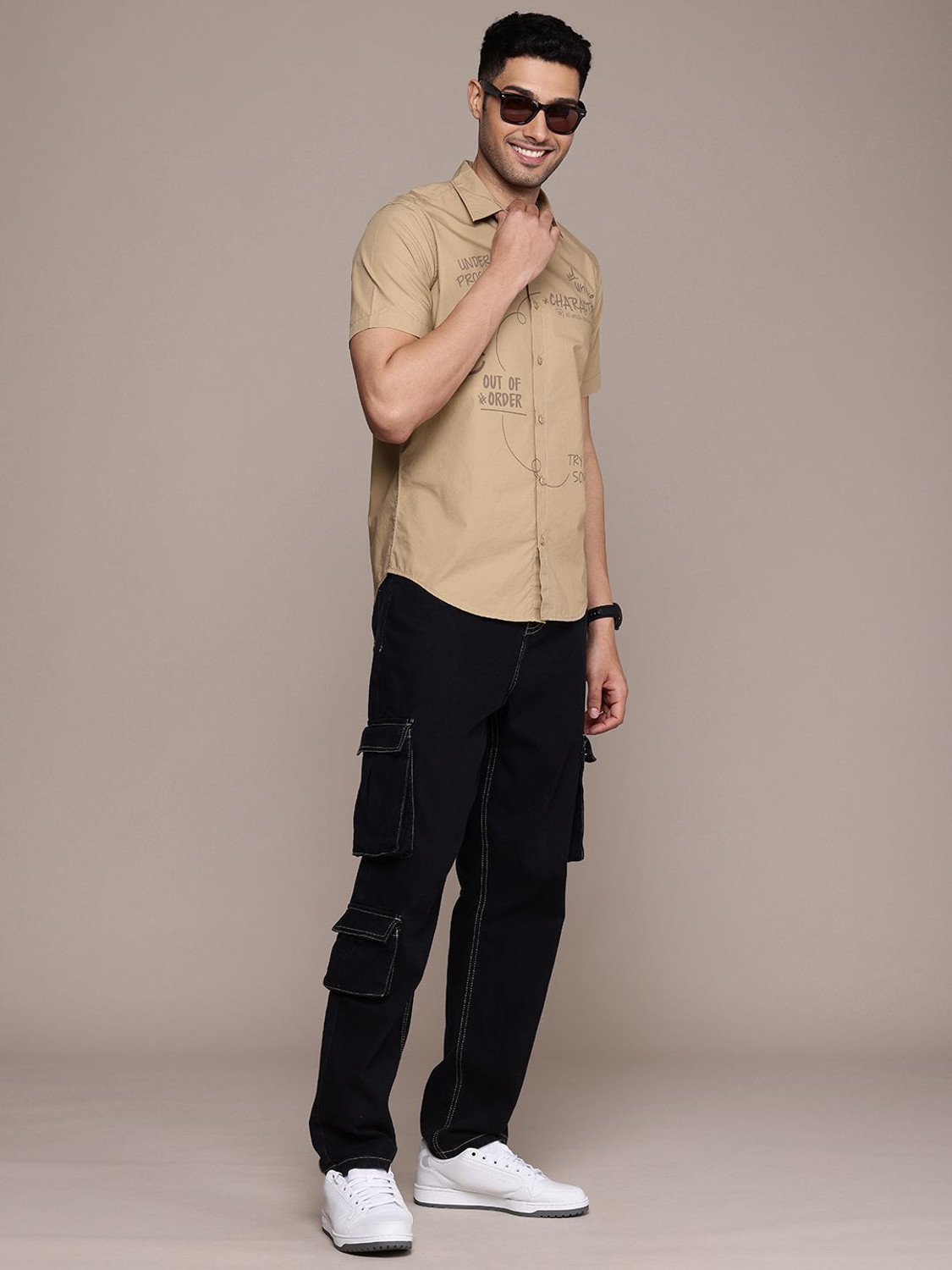 Image of WROGN Men Printed Casual Beige Shirt