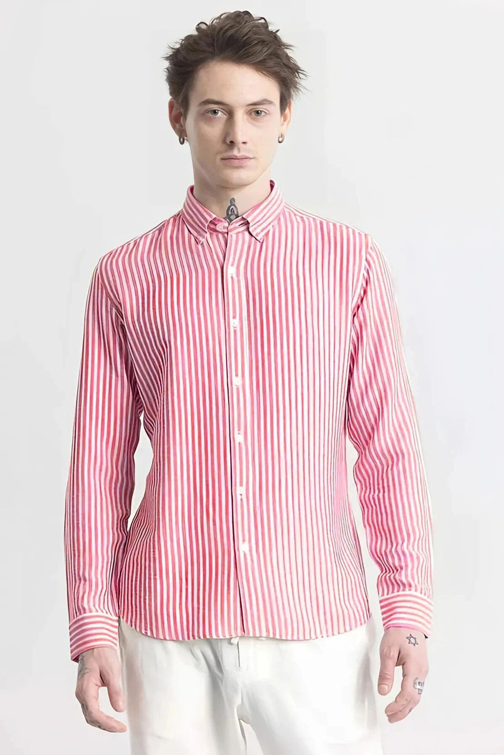 Image of FalconWear Men Striped Casual Pink, White Shirt