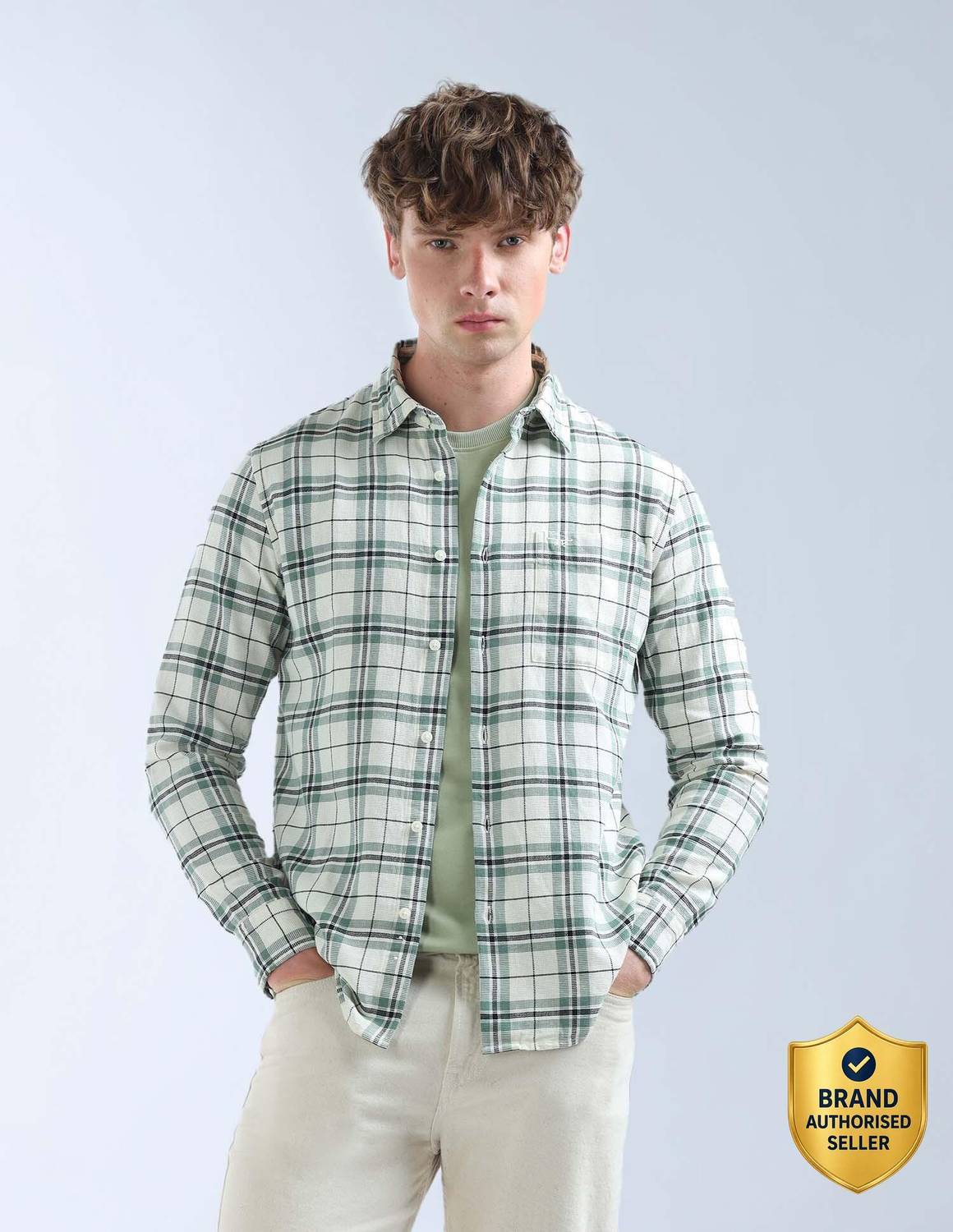 FLYING MACHINE Men Checkered Casual Green, White Shirt