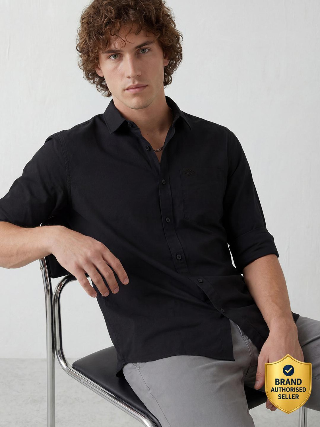Image of WROGN Men Solid Casual Black Shirt