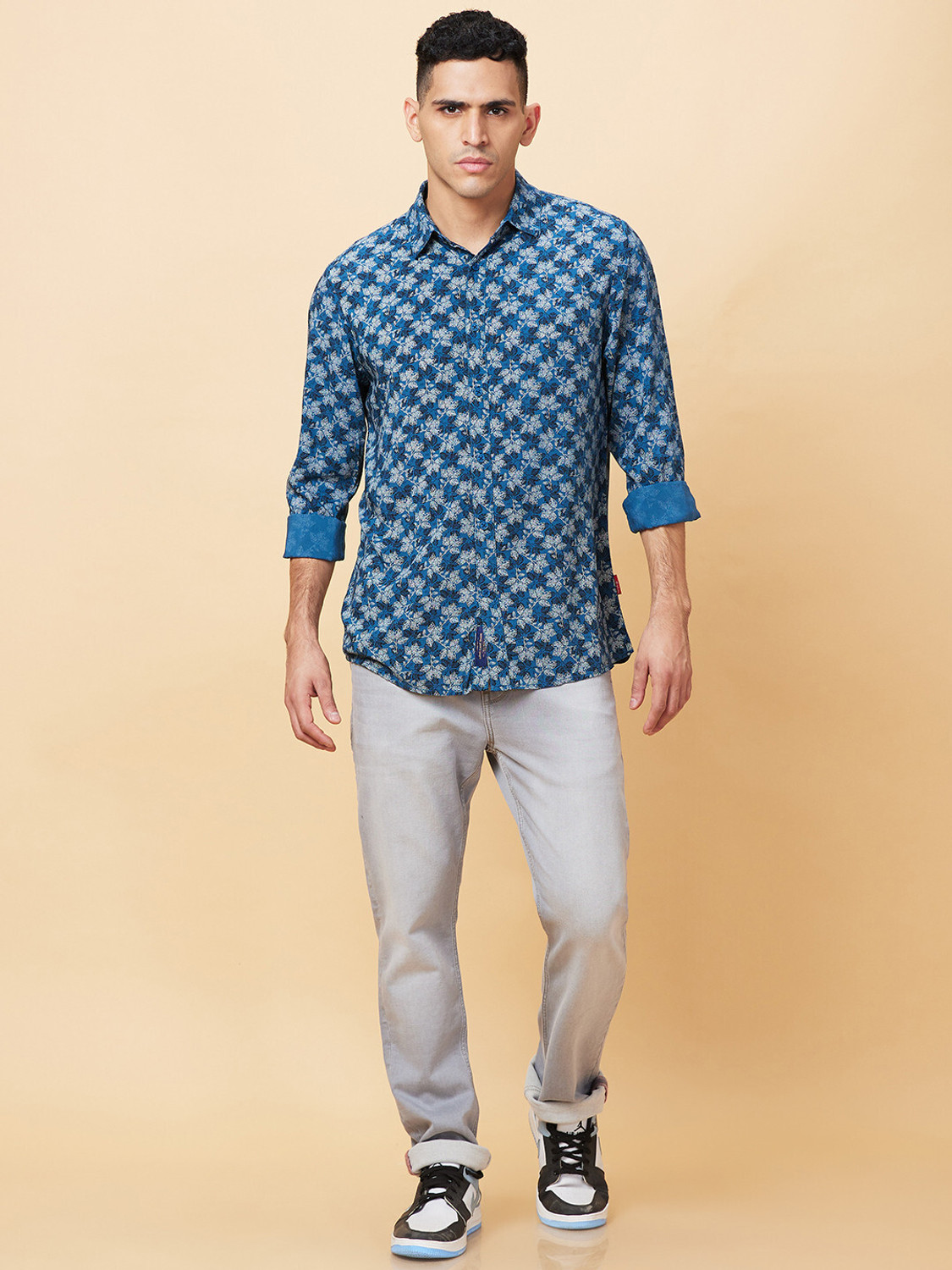 Image of BEING HUMAN Men Floral Print Casual Blue Shirt