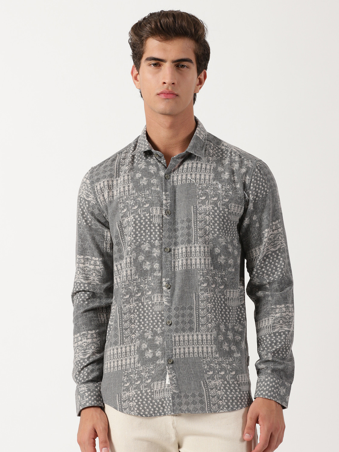 Image of Blue Minded People Men Printed Casual Grey Shirt