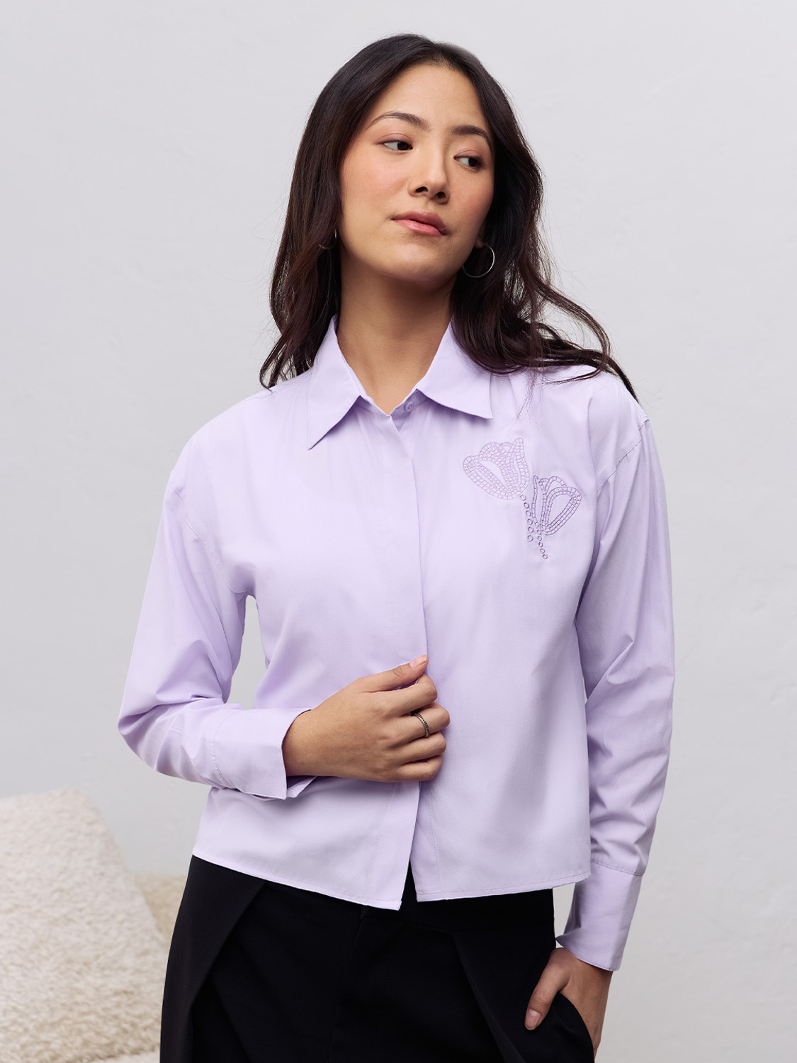 Image of The Souled Store Women Oversized Fit Embroidered Spread Collar Casual Shirt