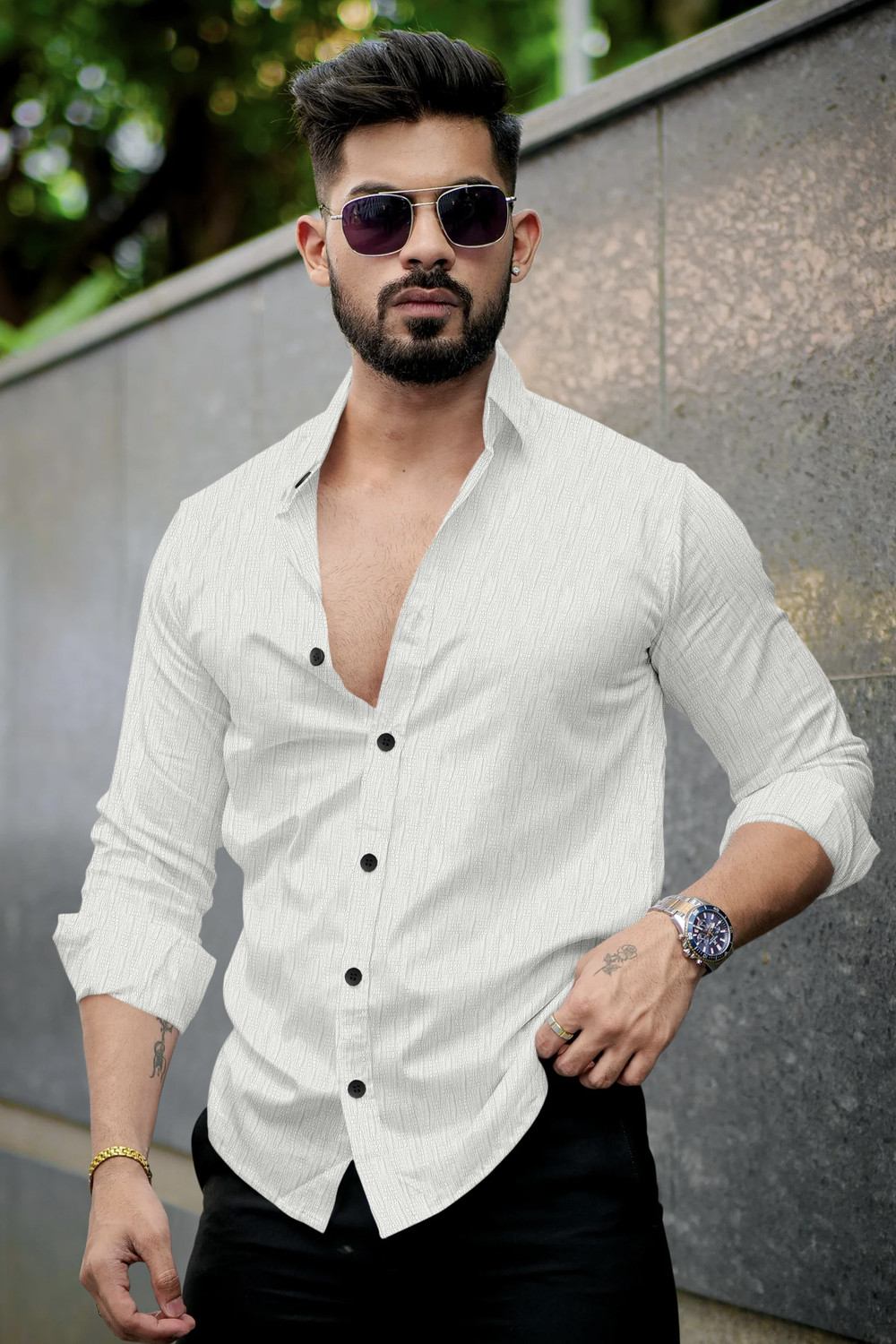 Image of VELLOSTA Men Self Design Casual White Shirt