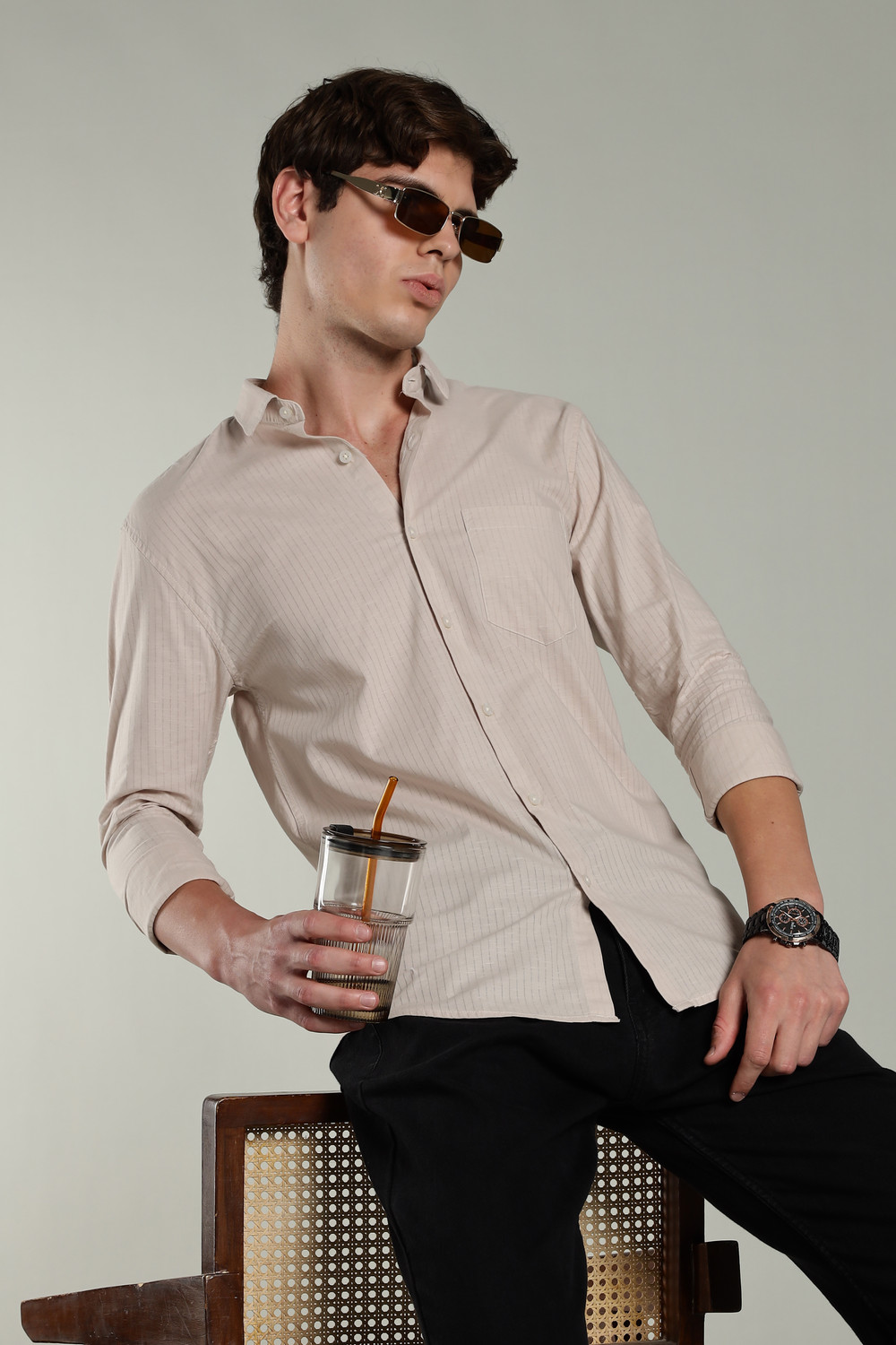 Image of Paul Street Men Striped Casual Beige Shirt