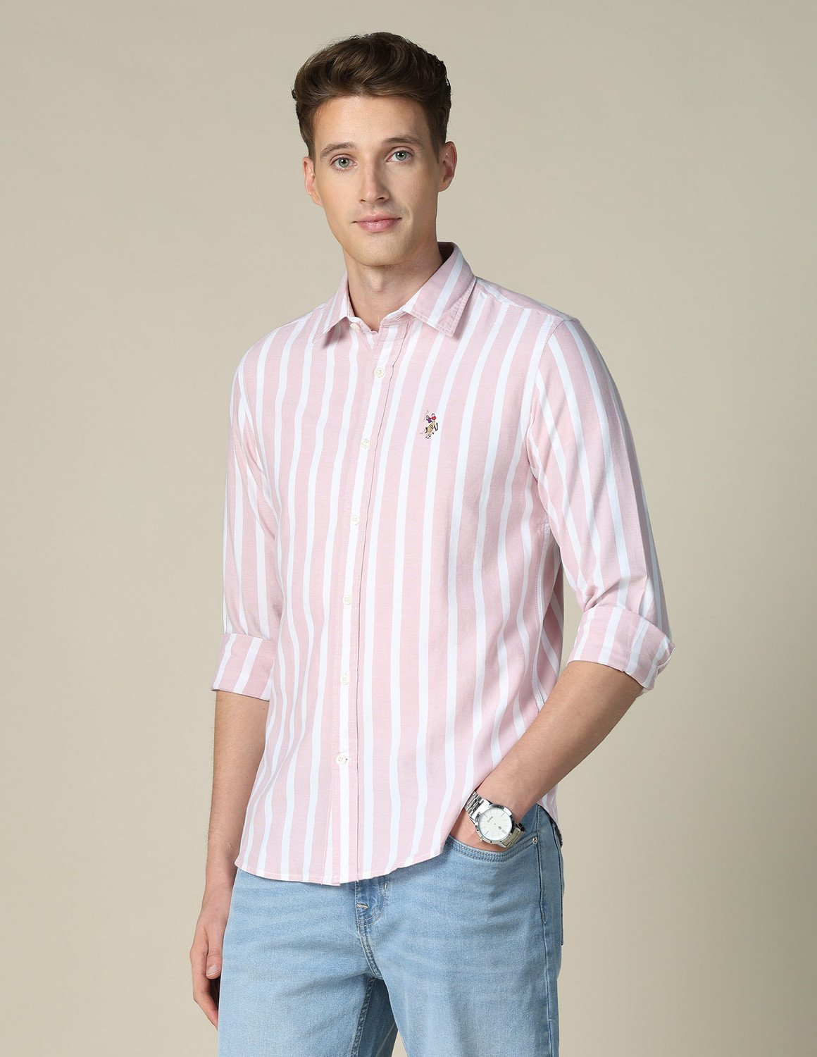 Image of U.S. POLO ASSN. Men Striped Casual Pink Shirt