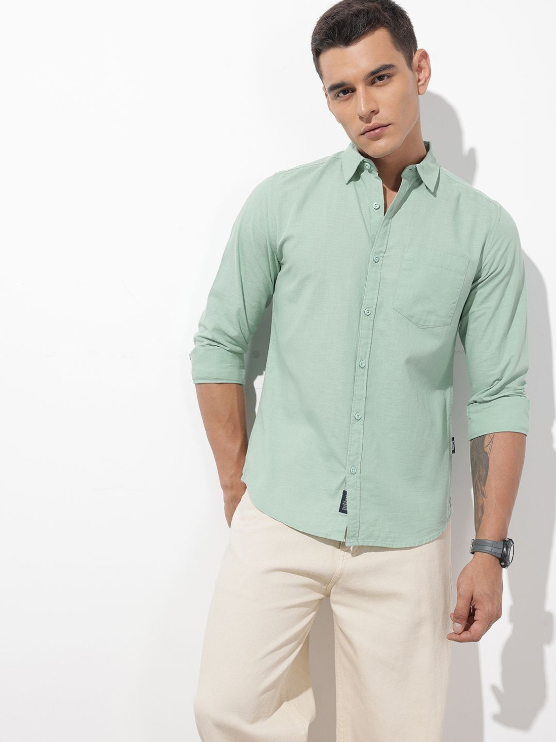 Image of Roadster Men Solid Casual Green Shirt
