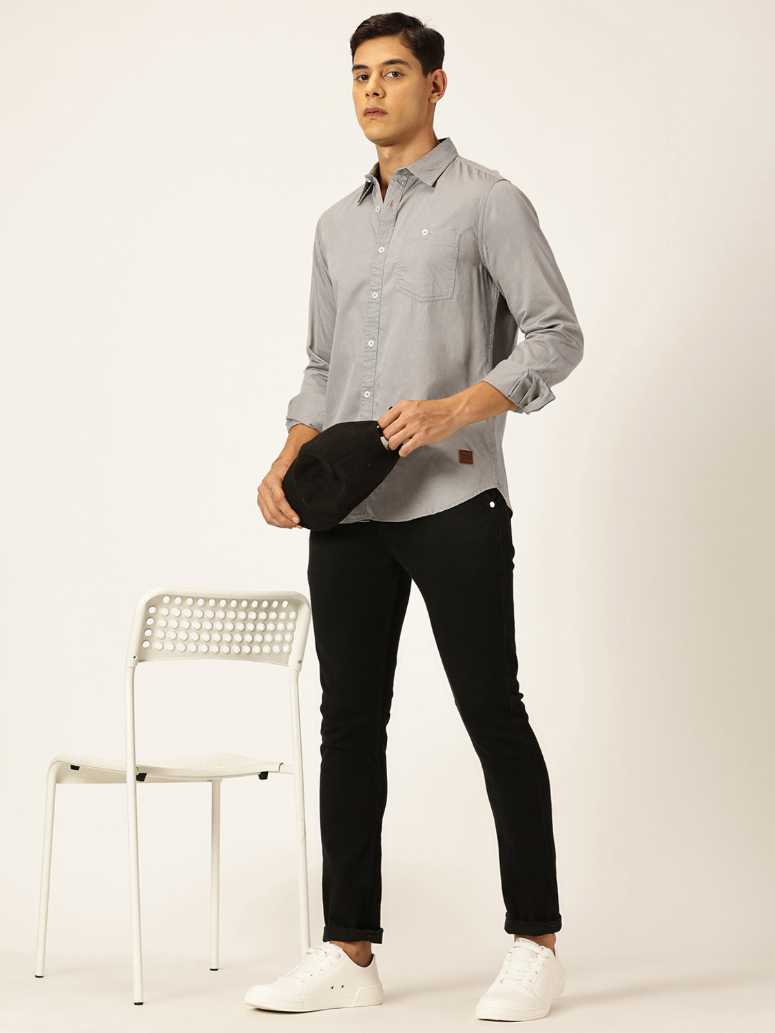Image of PROVOGUE Men Solid Casual Grey Shirt